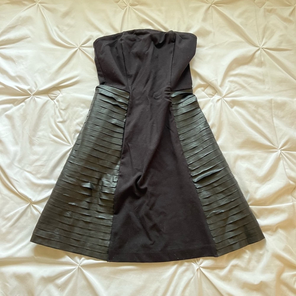 Marciano Guess black faux leather pleated a-line strapless mini dress